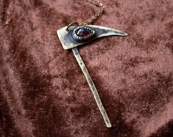 Titan Inspired Scythe Brass Pendant | Garnet Timekiller Necklace | Greek Mythology Jewelry | Gothic Style Accessory