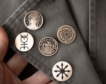 Occult lapel pins brass pins, Hecate's strophalos, Monas Hieroglyphica, Hecate, Dionysus, chaos star, witchy pins, lapel pins, brooch pins