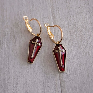 Gothic Coffin Earrings, Red Enamel & Cross