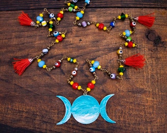Triple Moon Goddess Turquoise Necklace - Pagan Jewelry with Crystal & Evil Eye Beads