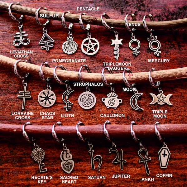 OCCULT SYMBOLS EARRINGS hoops unisex leverback Planetary Alchemy Moon Phases Hecates Key Dagger Jupiter Ankh Coffin Chaos Star Pagan Gothic