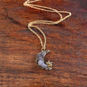 Moon Pendant with Grape Agate - Handmade Moon Jewelry with Opal and Crushed Pyrite - Steel Gold Chain