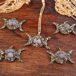 Triple Moon Pendants with Grape Agate - Handmade Moon Jewelry - Moon Necklaces with Opal and Crushed Pyrite, Steel Gold Chain, Moon jewelry