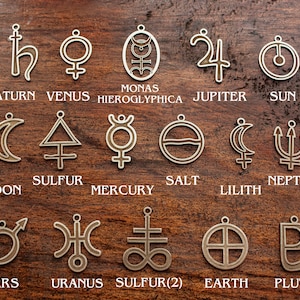 PLANET GLYPHS SYMBOLS Planetary Alchemical Symbols transmutation Occult Alchemy Moon Sun Jupiter Mars Monas hieroglyphica Sulfur pagan