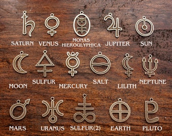 PLANET GLYPHS SYMBOLS Planetary Alchemical Symbols transmutation Occult Alchemy Moon Sun Jupiter Mars Monas hieroglyphica Sulfur pagan