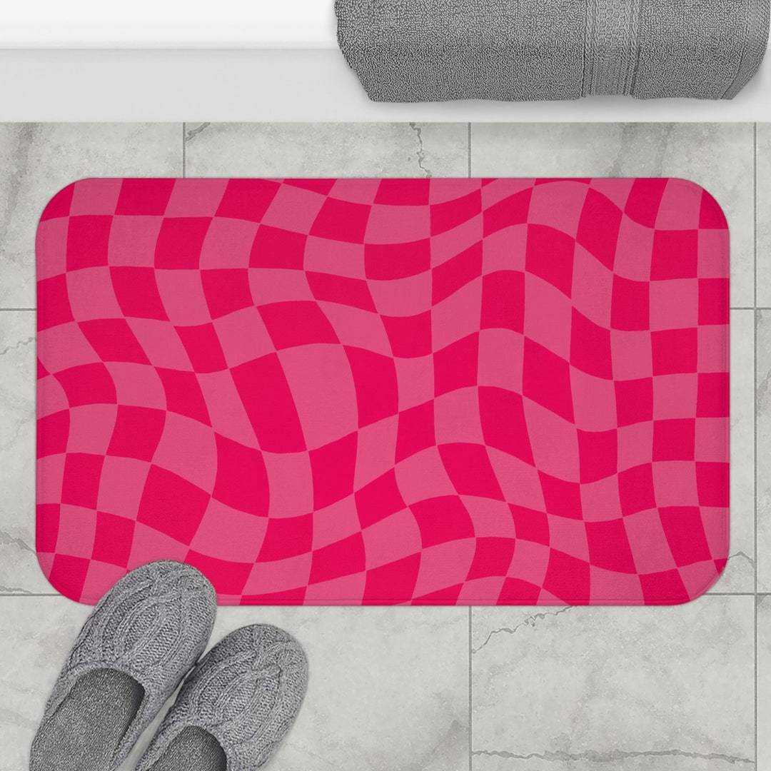 Checkered Bath Mat Hot Pink Y2k Bathroom Decor Retro Bath Mat Cute 70s Bath Mat Groovy Apartment