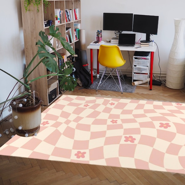 Pink pastel rugs for bedroom aesthetic retro rugs for living room checkered rug danish pastel room decor for teens girl boho dorm decor for