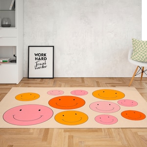 Smiley face rugs for bedroom aesthetic retro rugs for living room orange and pink rug y2k room decor preppy dorm decor trendy rug college