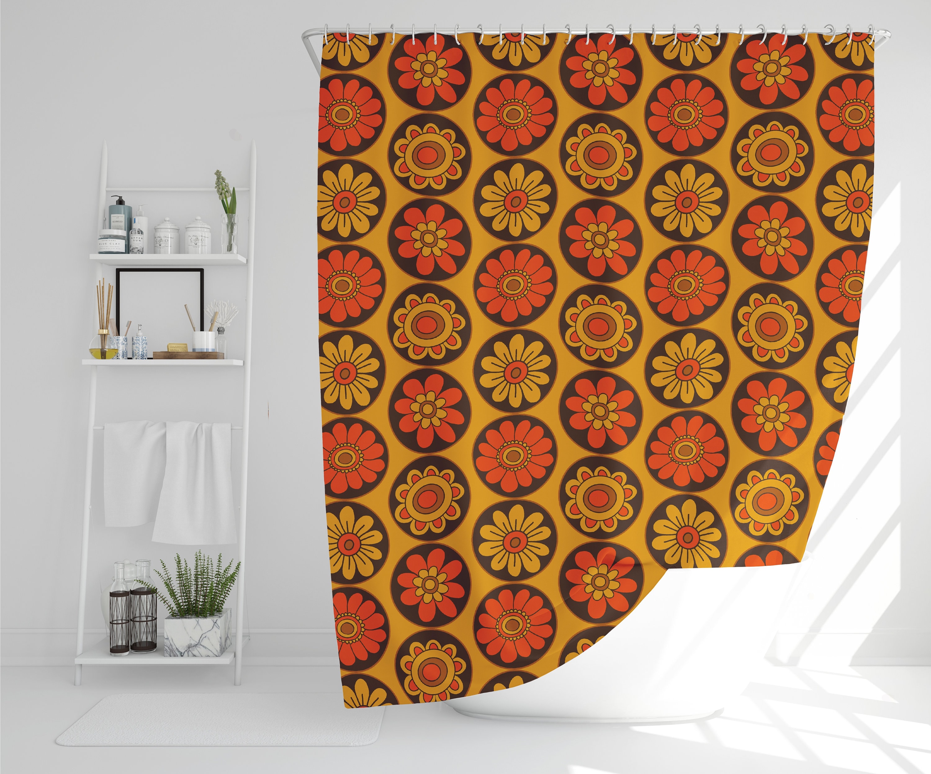 Retro Shower Curtain Groovy Flowers 70s Shower Curtain Boho Etsy UK