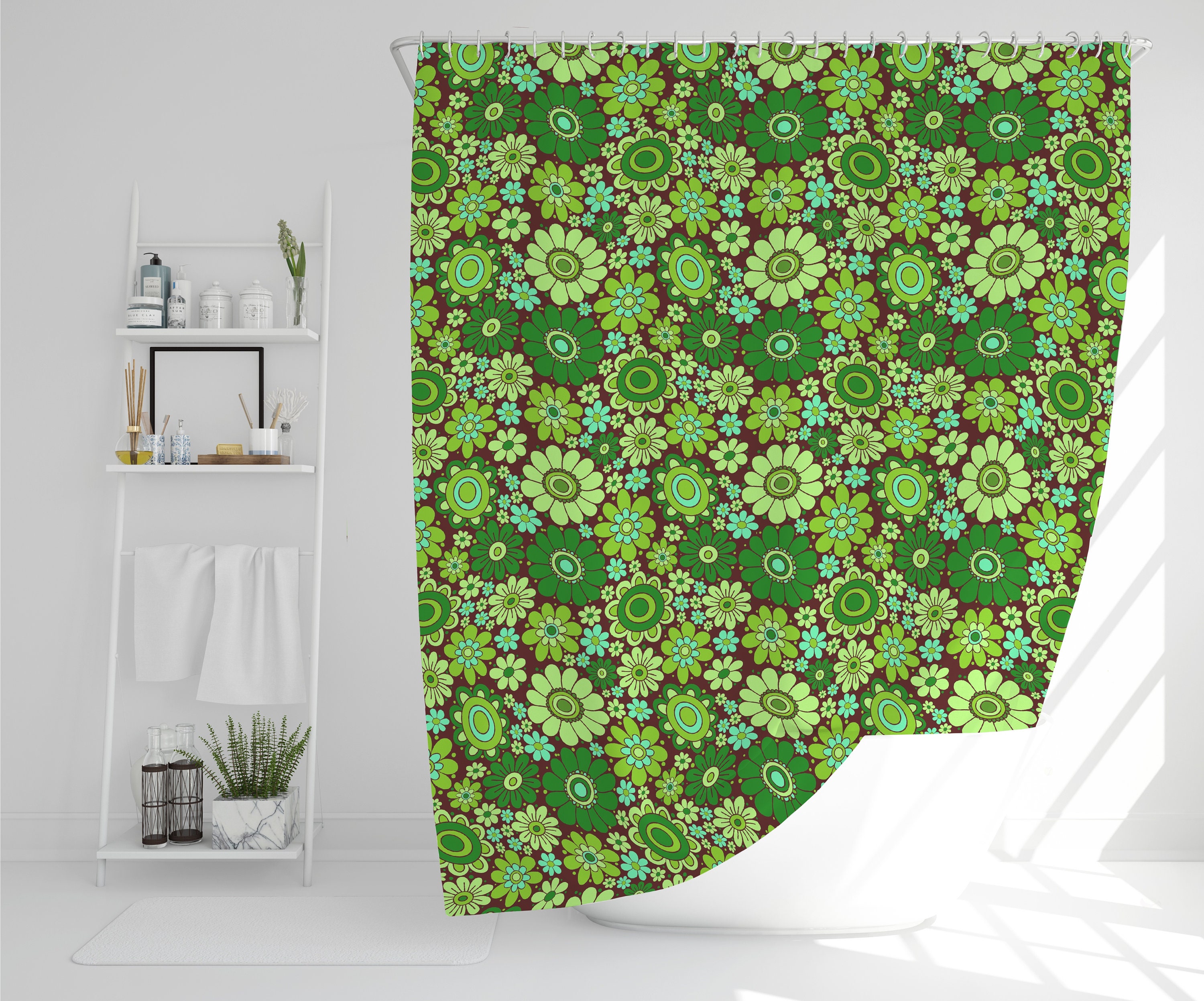 Retro Shower Curtain Groovy Flowers 70s Shower Curtain Boho Etsy UK