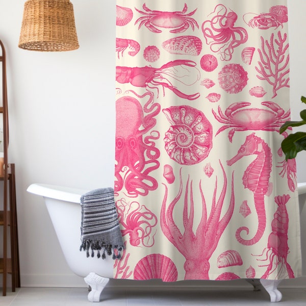 Nautical shower curtain pink octopus shower curtain fabric vintage retro shower curtain boho coastal bathroom decor colorful crustacean core