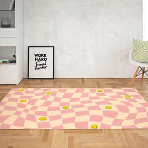 Pink pastel rugs for bedroom aesthetic retro rugs for living room checkered rug preppy room decor smiley face danish pastel dorm decor y2k