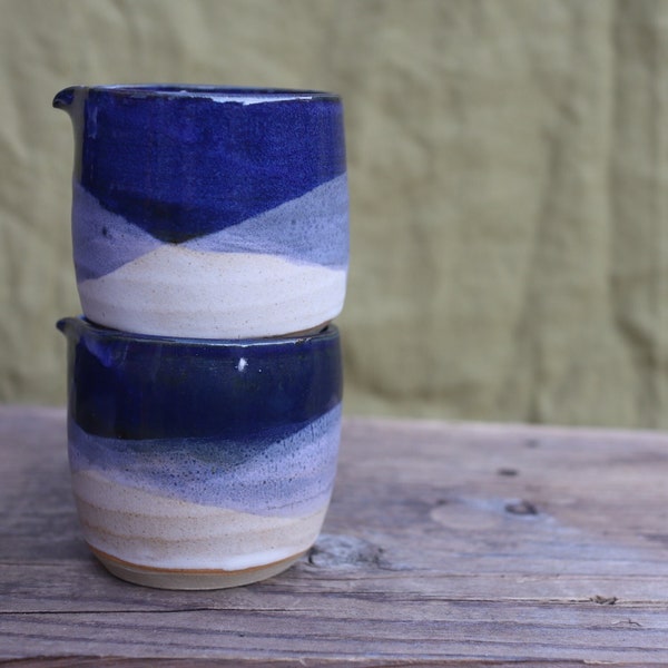 Ceramic Small Milk Jug in Blue/Oatmeal Glazing Wheel Thrown Stoneware