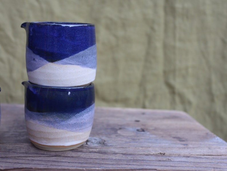 Ceramic Small Milk Jug in Blue/Oatmeal Glazing Wheel Thrown Stoneware image 1