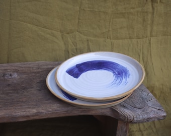 Ceramic Dinner Plate in Dolomite White and Blue Wheel-thrown Handmade