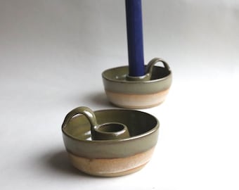 Ceramic Candle Stick Holder with handle in Moss and Linen Mountain Glazing Handmade Wheelthrown Stoneware Wee Willie Winkie