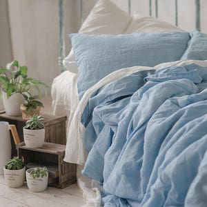 Linen DUVET COVER Sky Blue Queen King Twin Double SEAMLESS Stonewashed Linen Quilt Cover / Doona Cover. Pure linen bedding image 3