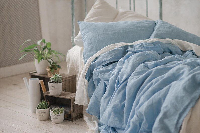 Linen DUVET COVER Sky Blue Queen King Twin Double SEAMLESS Stonewashed Linen Quilt Cover / Doona Cover. Pure linen bedding image 3