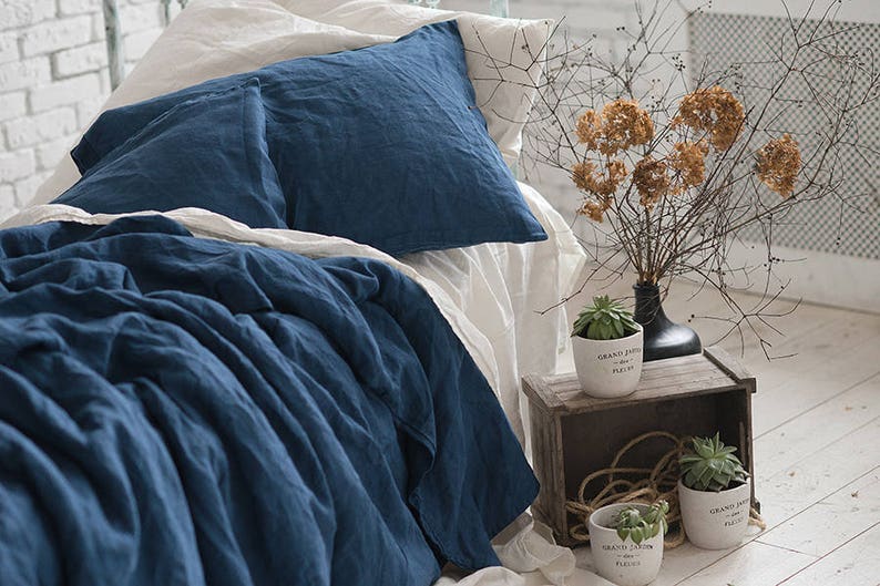 Linen Duvet Cover Set Navy Blue Queen King Twin Double Etsy