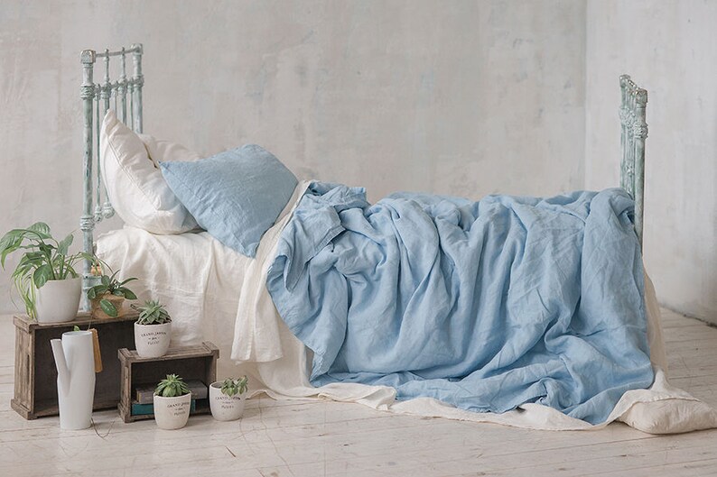 Linen DUVET COVER Sky Blue Queen King Twin Double SEAMLESS Stonewashed Linen Quilt Cover / Doona Cover. Pure linen bedding image 2