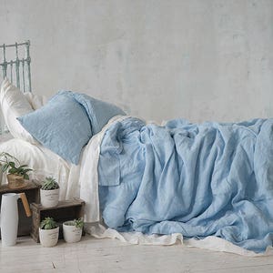 Linen DUVET COVER Sky Blue Queen King Twin Double SEAMLESS Stonewashed Linen Quilt Cover / Doona Cover. Pure linen bedding image 4