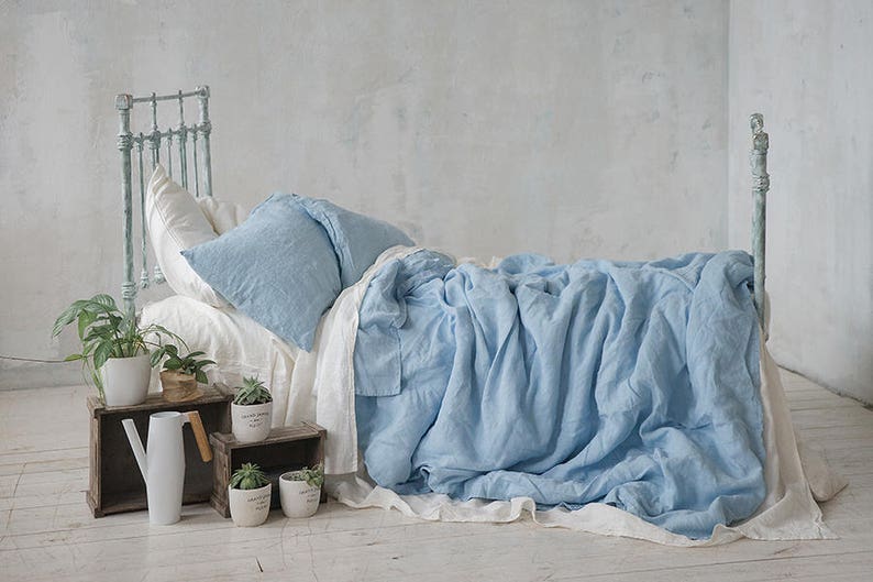 Linen DUVET COVER Sky Blue Queen King Twin Double SEAMLESS Stonewashed Linen Quilt Cover / Doona Cover. Pure linen bedding image 4