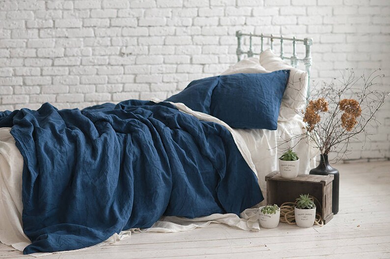 Linen Duvet Cover Set Navy Blue Queen King Twin Double Etsy