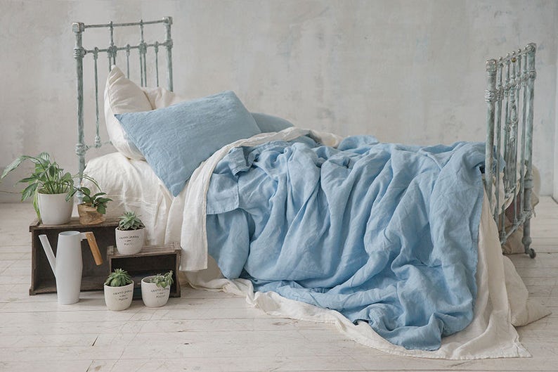 Linen DUVET COVER Sky Blue Queen King Twin Double SEAMLESS Stonewashed Linen Quilt Cover / Doona Cover. Pure linen bedding image 1