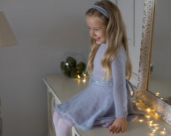 Blue girls dress, long sleeve girls dresses, knitted baby clothes, toddler dress