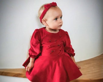 Red baby girl Christmas dress with beads, Velvet toddler outfit for photoshoot, Little girl clothing for special occasion, Classic dress