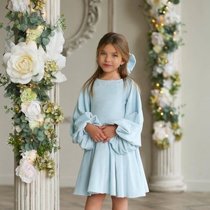 Wide Sleeves Velvet Girls Dress With Pearls Decoration for Holidays ...