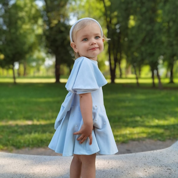 Baby blue velvet dress for baby girl, Pearl accented girl dress, Velour princess dress