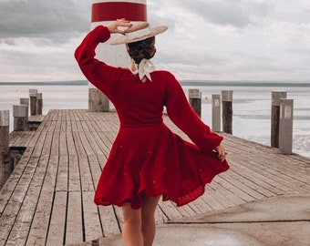 Red knitted A-line dress with bead detailing for formal events, Classic and chic, Cozy handcrafted knit dress with bead embellishments