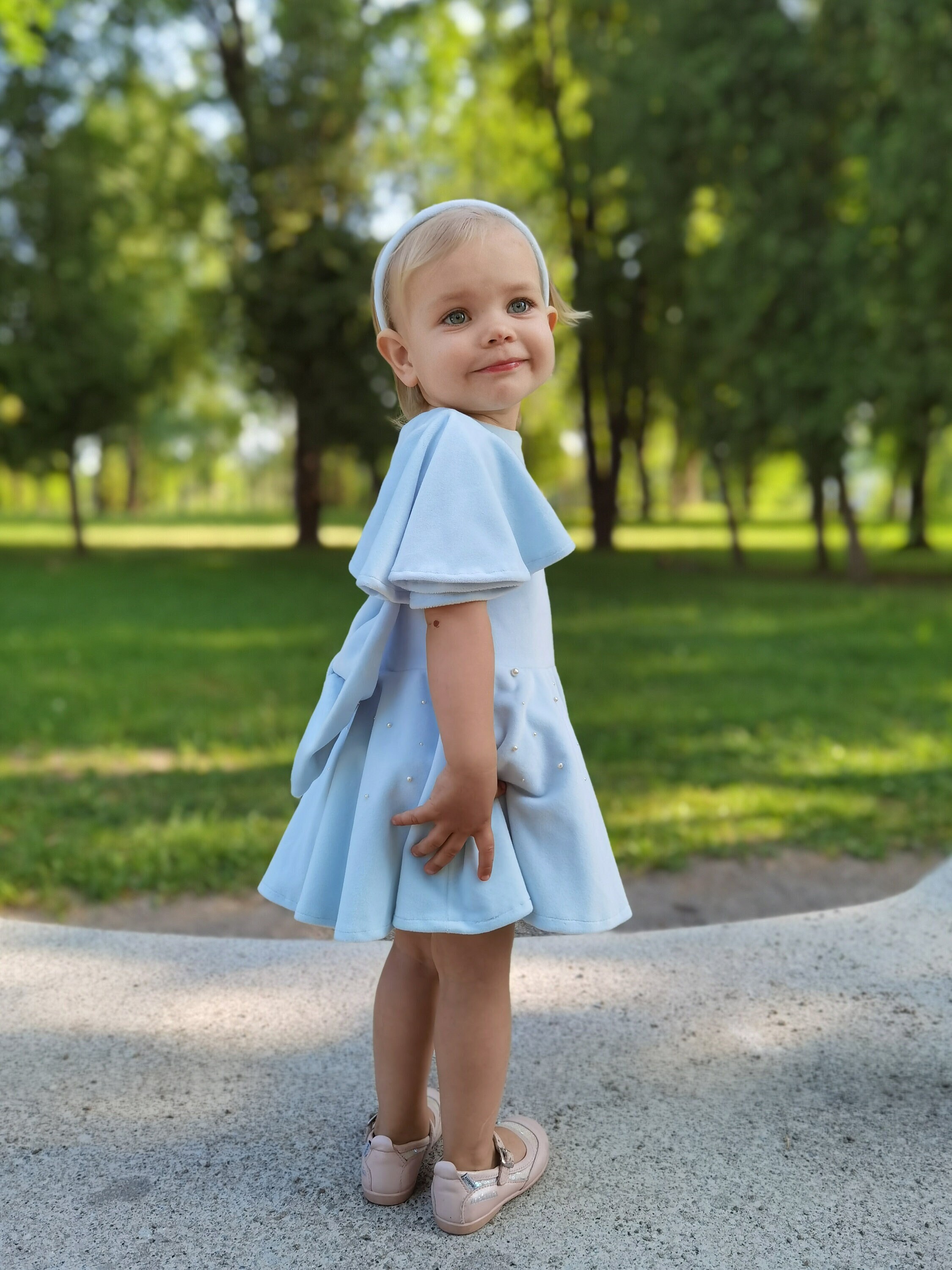Baby blue velvet dress for baby girl Pearl accented girl dress Velour princess dress