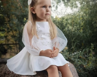 White velvet Baptism Dress with wide tulle sleeves, Christening Dress for little girl