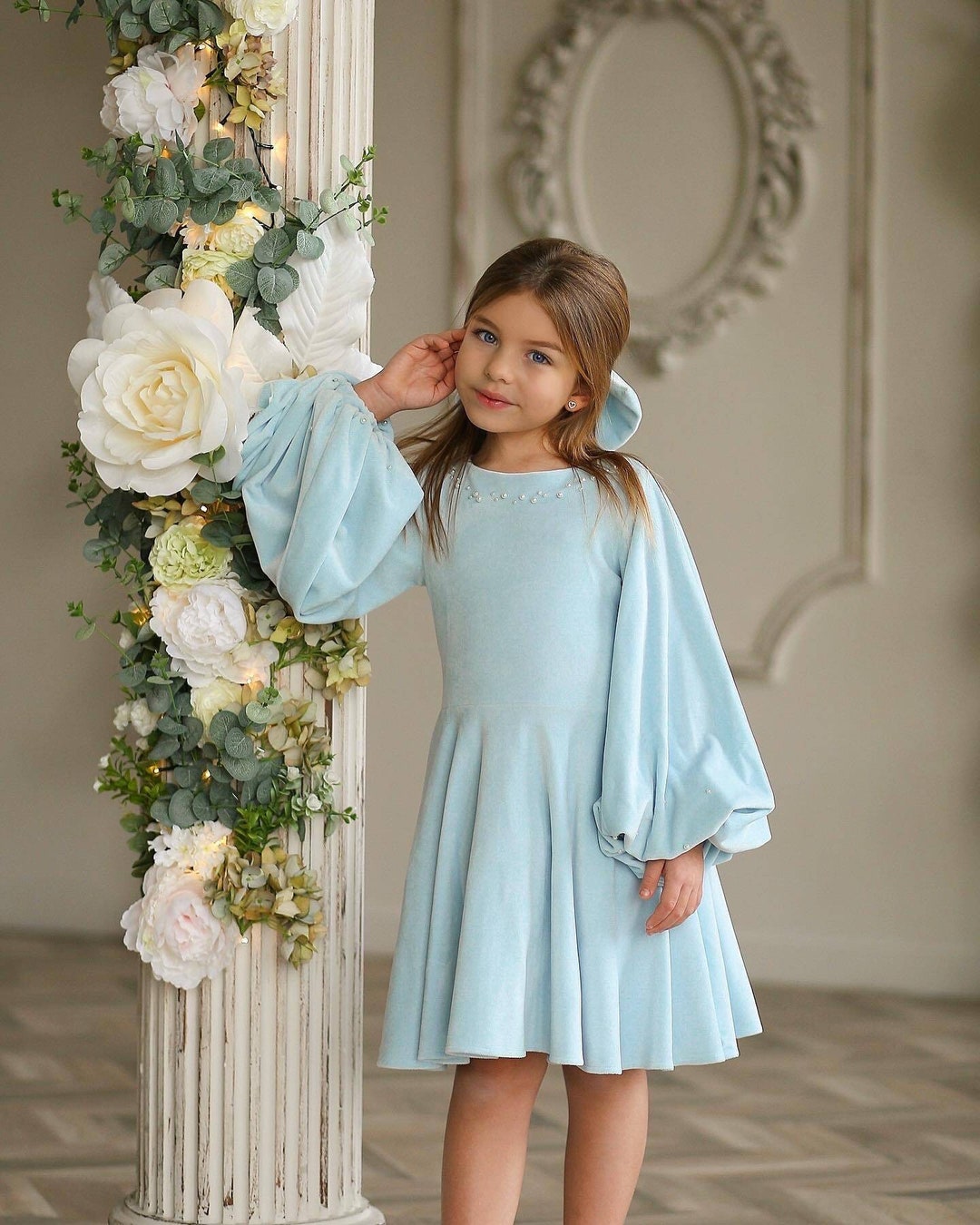 Wide Sleeves Velvet Girls Dress With Pearls Decoration for Holidays ...