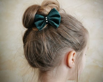 Handmade velvet hair bow with beads for girls, Dark green velour hair bow for Christmas photo prop