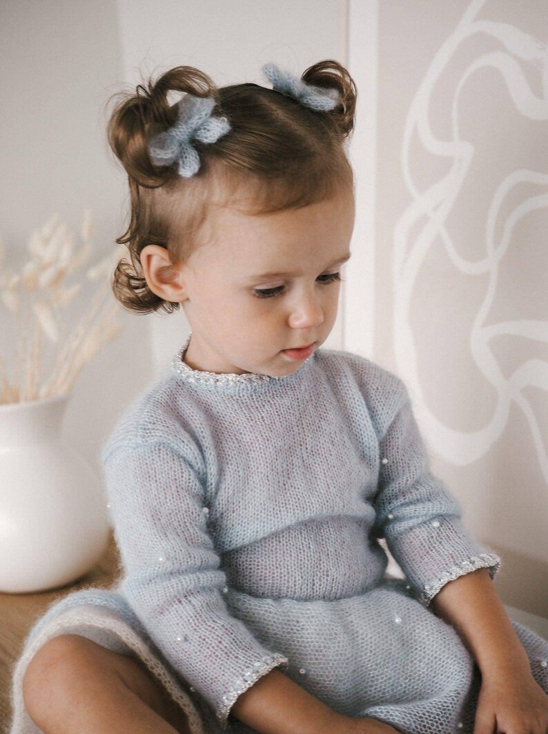 Light Blue Baby Girl Dress With Beads on Sleeves and Skirt Etsy