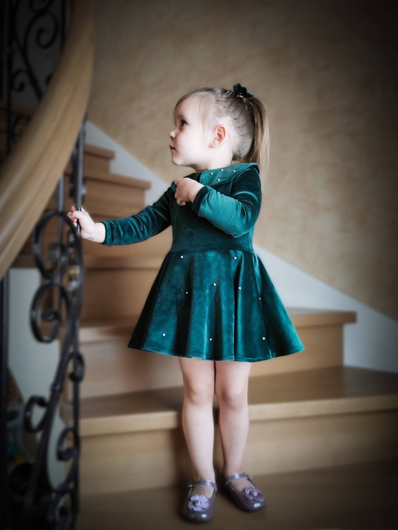 Green A line Velvet Dress With Pearls for Girl With Collar Baby Girl Christmas Outfit Etsy