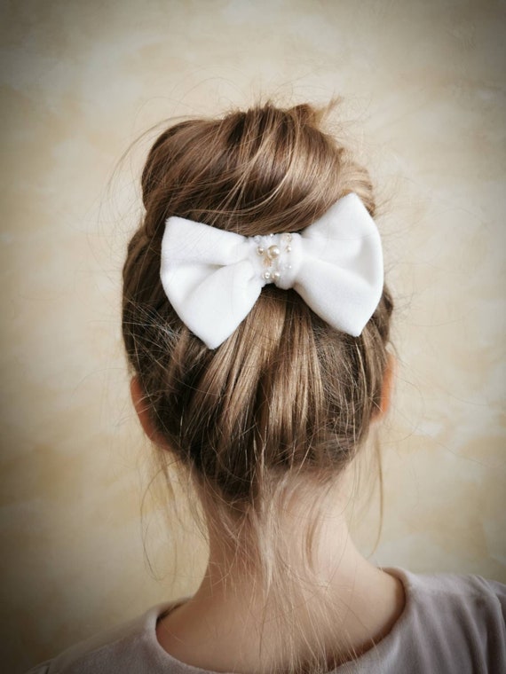 Beaded Velour Hair Bow for Baptism, White Velvet Hair Ribbon With