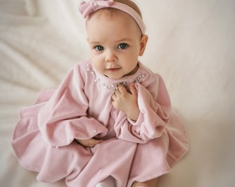 Baby girl pale pink dress wide sleeves, Toddler outfit with pearls beads, Pastel color flower girl outfit, Baptism dress for little girl