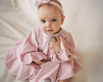 Baby girl pale pink dress wide sleeves, Toddler outfit with pearls beads, Pastel color flower girl outfit, Baptism dress for little girl