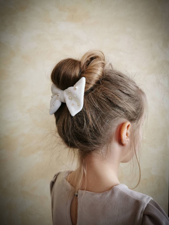 White Velvet Hair Ribbon With Beads for Girls, Beaded Velour Hair