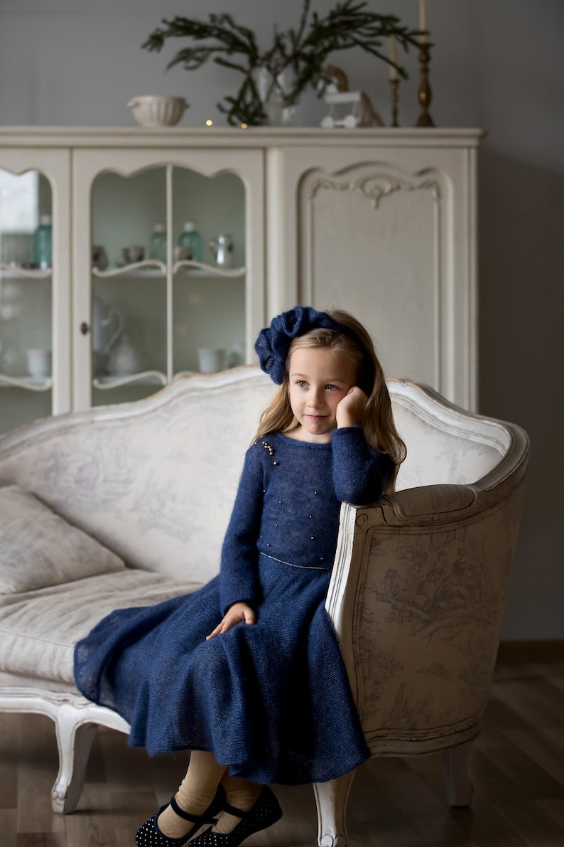 Navy Blue Girl Dress With Beads Little Girl Dresses Vintage Etsy Hong