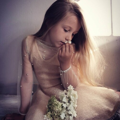 Knitted girl dress with tulle sleeves, first birthday dress, flower girl dress, baby girl shops clothes, fairy dress, wool dress