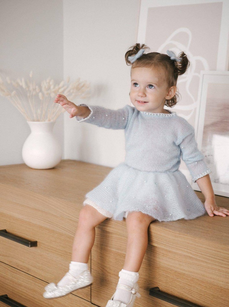 Light Blue Baby Girl Dress With Beads on Sleeves and Skirt Etsy