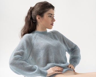 Mohair Sweater, Gossamer Sweater, Blue Sweater, Spring Sweater,Romantic Style, Mesh Sweater,Oversized Sweater,Women'S Clothing,Light Sweater