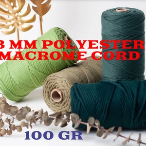 May include: Three spools of 3 mm polyester macrame cord in green, olive green, and dark green colors. Each spool contains 100 grams of cord.