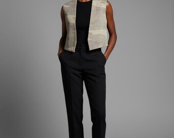 Hand Crafted Gray and Red Vest with Textured Fabric