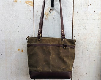 Zippered Bigger Bag in Olive Waxed Canvas  with Leather Accents. Shoulder Bag with Tote Straps, Overnight Bag